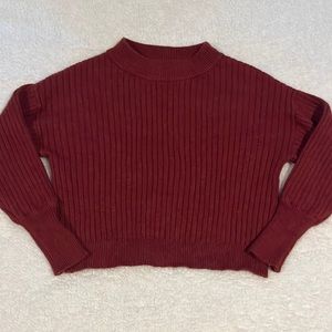 Warm fall sweater, rust color, high neck, mild crop.